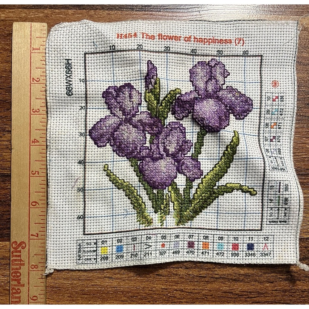 The Flower Of Happiness H454 Purple Irises Needlepoint Canvas Finished 8" X 8"